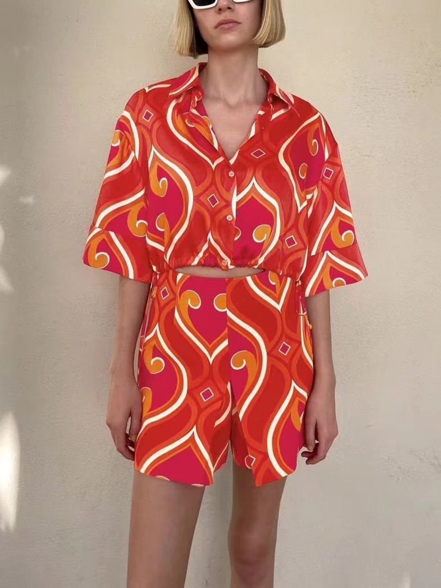 Turndown Collar Drawstring Abstract Print Blouses Shorts Sets