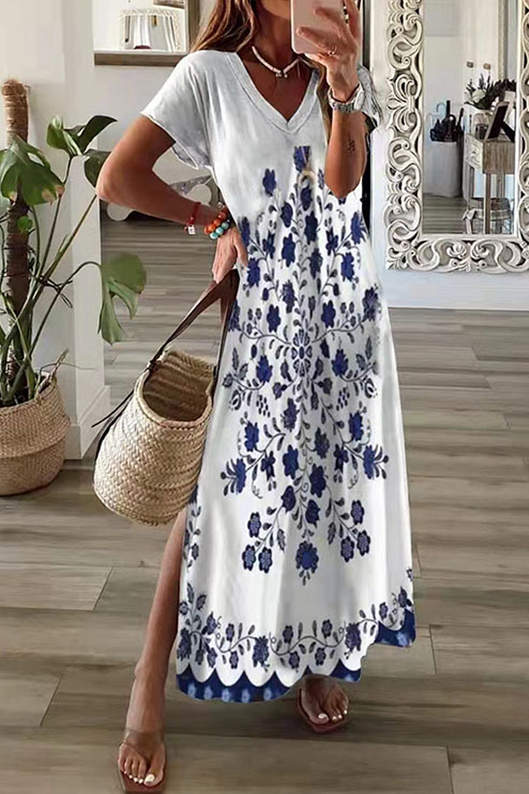 Casual Print V Neck Straight Dresses(8 Colors) - Life is Beautiful for You - SheChoic