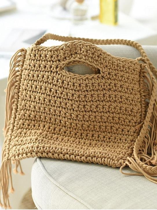 Cotton Crochet Tassel Women Bag Shoulder Slanting Clamshell Hook Flower Tassel Bag