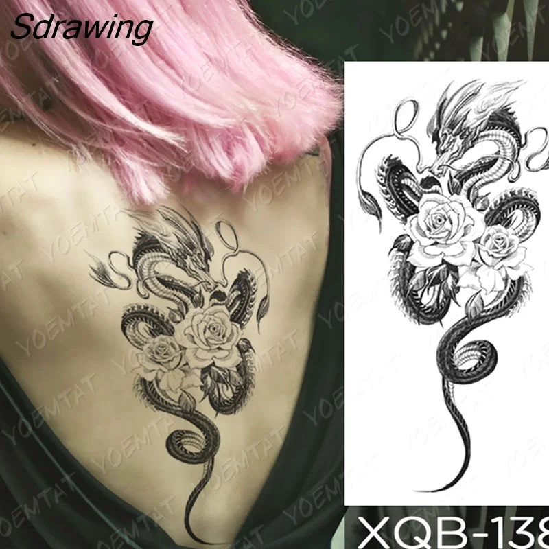Sdrawing Temporary Tattoo Sticker Rose Snake Flower Tattoos Lace Tiger Dragon Body Art Arm Fake Sleeve Tatoo Women