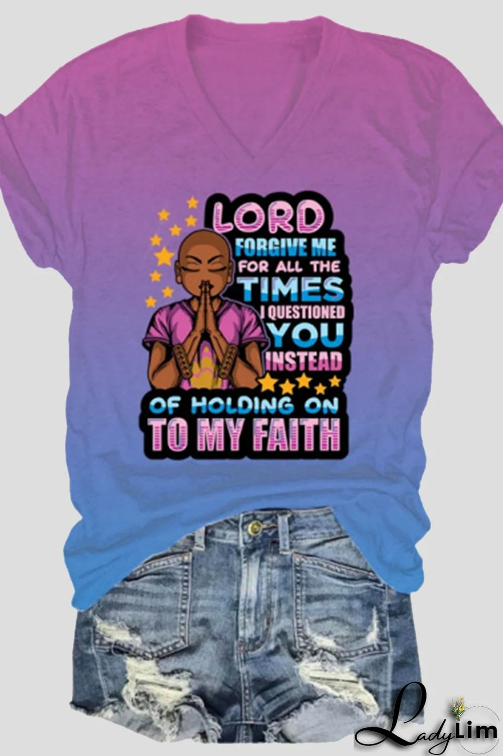 Pink Orange Fashion Casual Gradual Change Print Basic V Neck T-Shirts