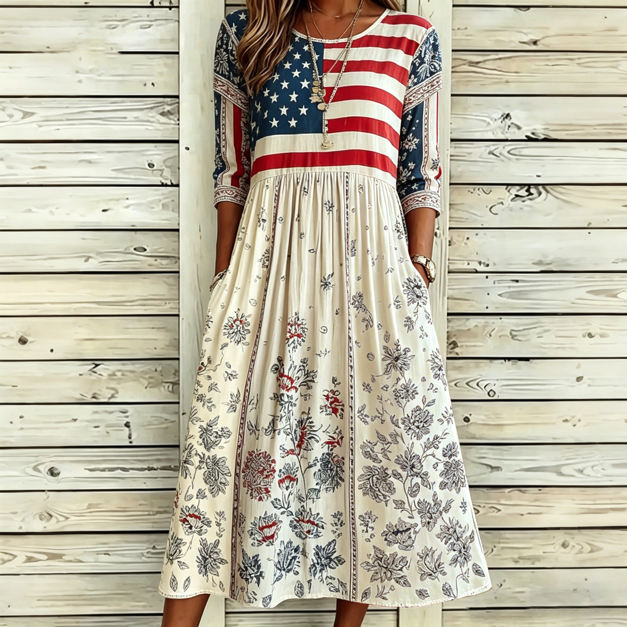  Women's Independence Day Flag And Floral Art Print Cotton Linen Casual Maxi Dress Westsshops