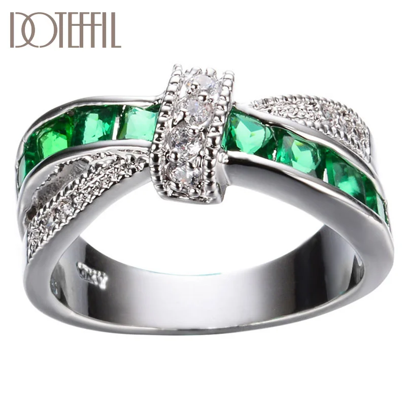 DOTEFFIL 925 Sterling Silver AAA Zircon Green/Blue/Purple Six Colors Crystal Ring For Women Jewelry