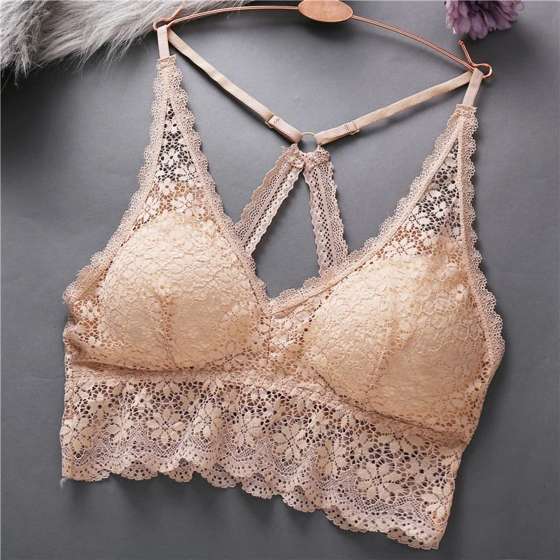FINETOO Sexy Lace Women Cross Strap V-Neck Short Tops Seamless Bralette Underwear Push Up Padded Lingerie Femme Cropped Bra Top