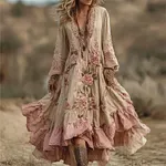 Vintage Pink Roses Ruffle Bottom Flowy Linen Maxi Dress - Image 2