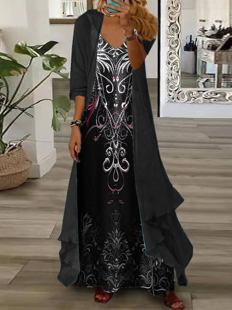 Women's Long Sleeve V-neck Graphic Printed Two Pieces Maxi Dress