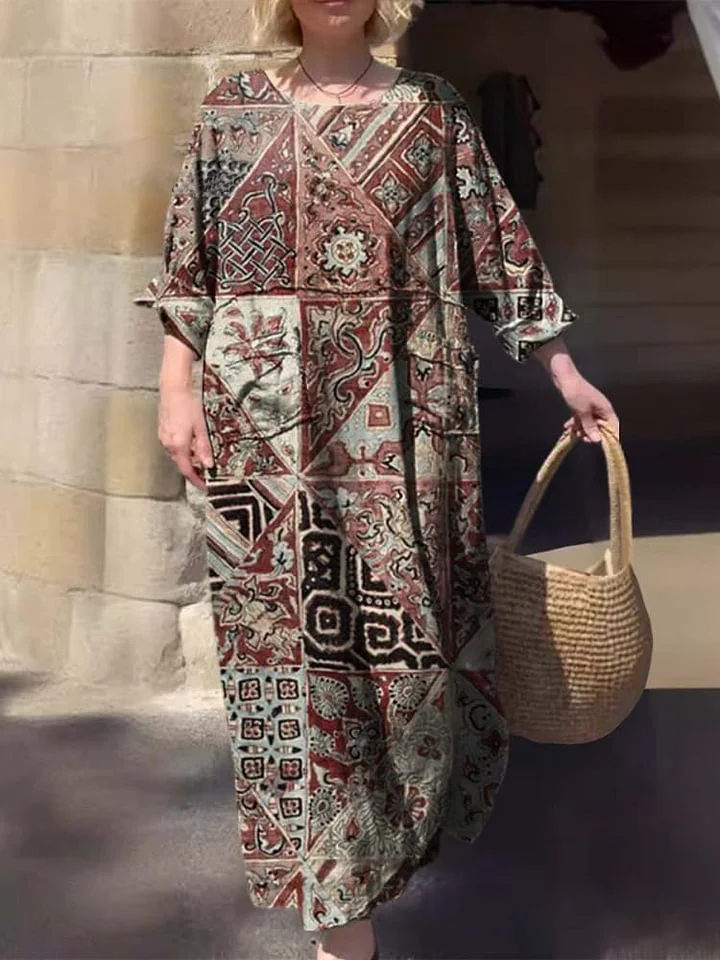 Women's Round Neck Ethnic Pattern Print Three-quarter Sleeve Pocket Cotton Dress