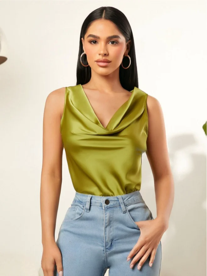 Woherb New Summer Satin Heap Collar Solid Color Sleeveless Vest Sleeveless Blouse-Outfit Ideas