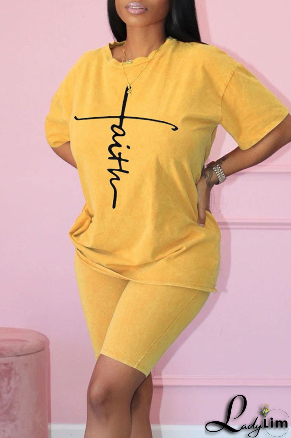Yellow Casual Print Patchwork O Neck Short Sleeve Two Pieces
