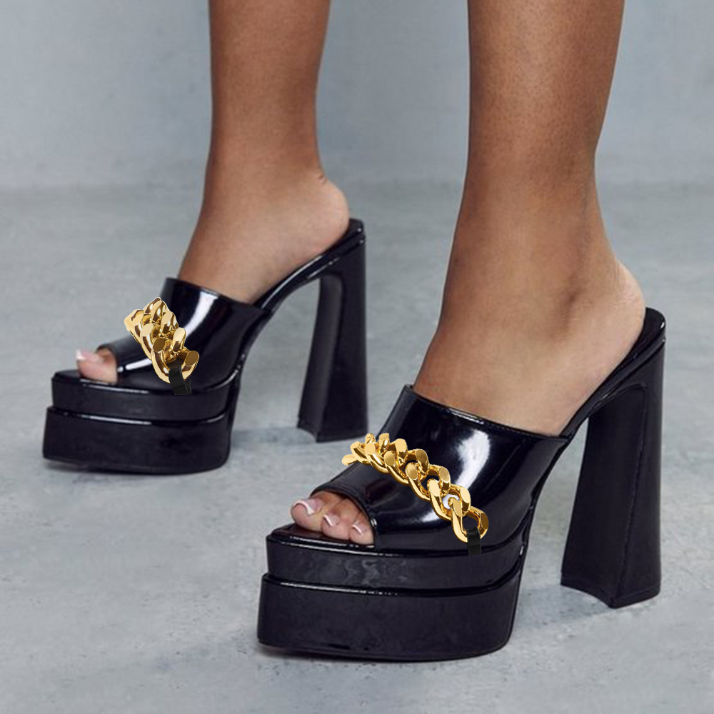 Patent Leather Pointed Toe Chunky Heel Mules with Platform Nicepairs
