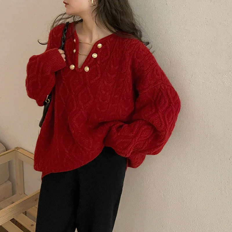 Churchf Churchf V-Neck Twist Sweater Female 2024 Autumn And Winter New Temperament Gentle Head Knit Jacket Loose Coat