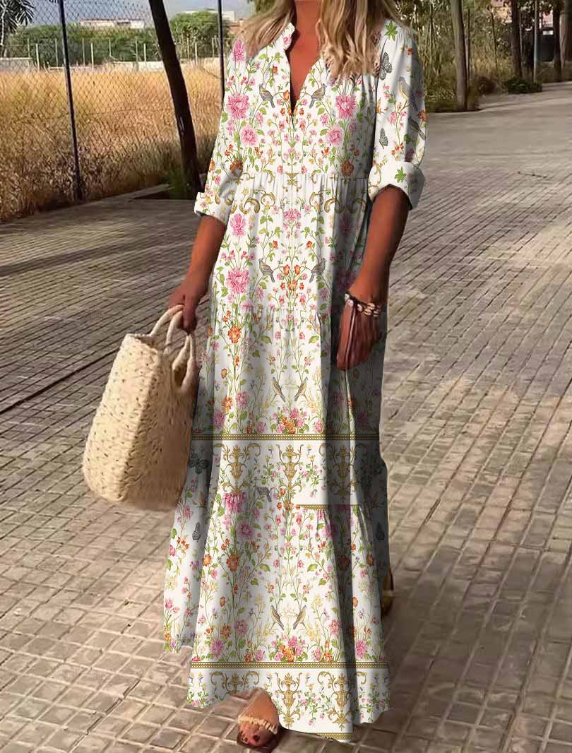 Women Floral, Pink, Green DZDN0181 SPU Printed Long Sleeve V-neck Maxi Dress
