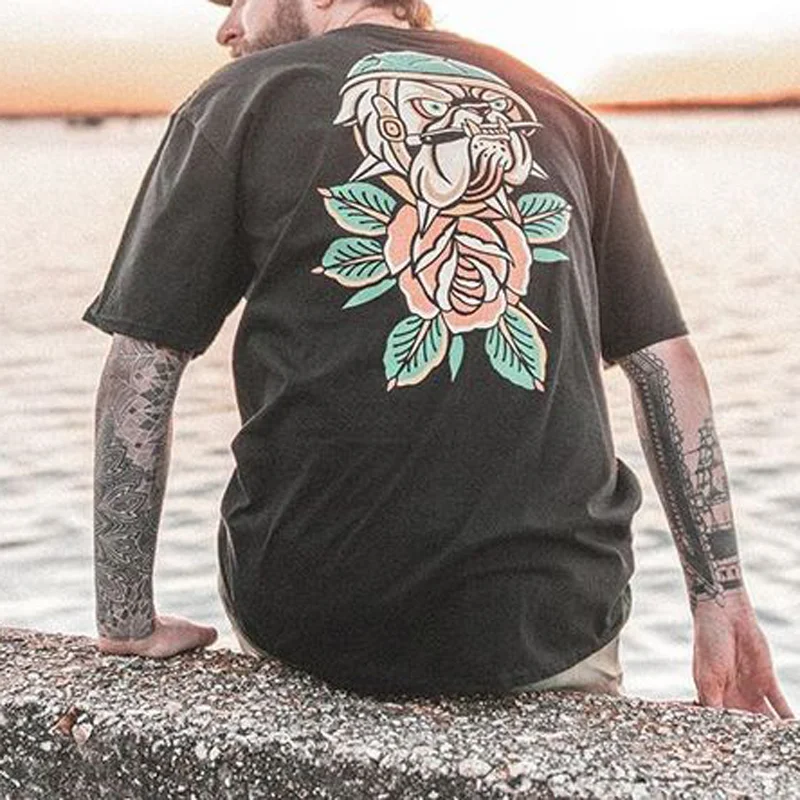 Dog and flower print men's loose T-shirt - Krazyskull