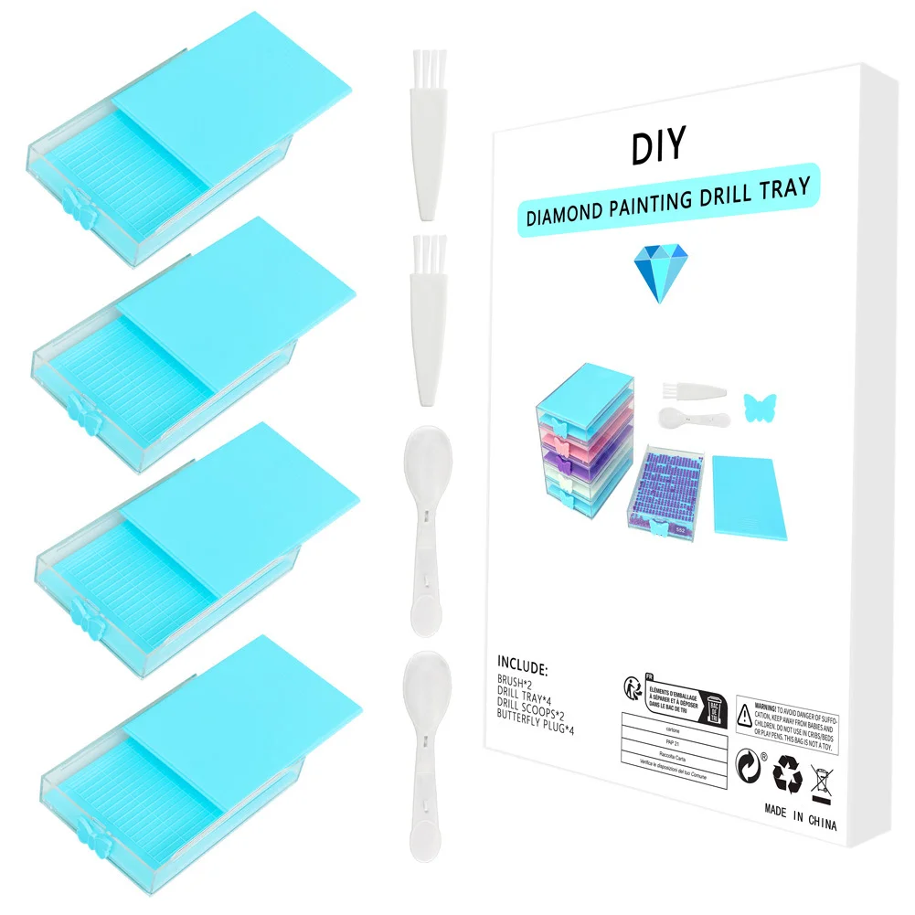 4Pcs Blue Diamond Painting Tray with Lid 5D DIY Drills Plate with Spoon & Brush