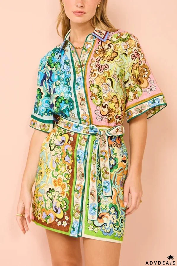 Sasha Linen Blend Unique Printed Shirt Style Tie-waist Mini Dress