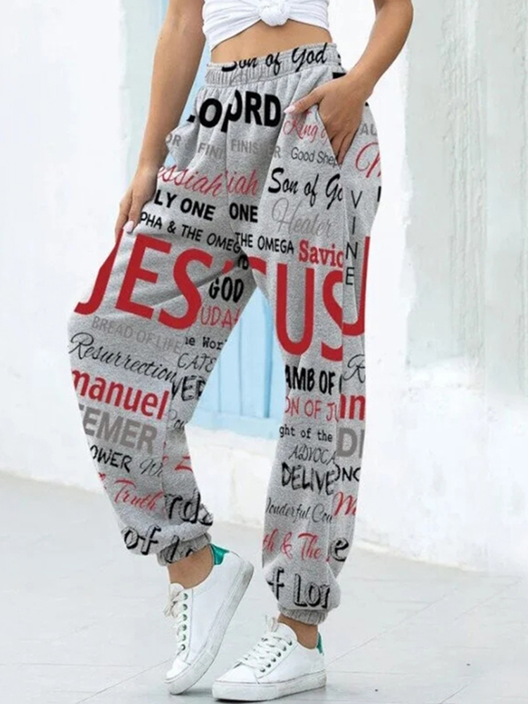 Comstylish Women's Jesus Print Colorblock Casual Pants