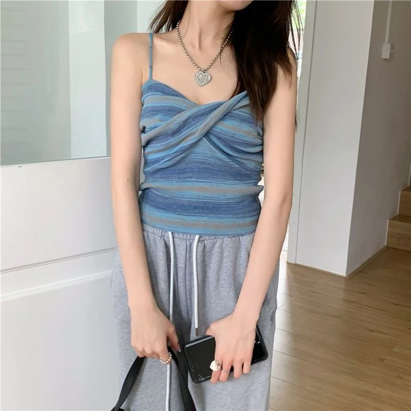 Uveng Uveng Sense Of A Small Color Stripe Small Sling Vest Women In The Summer 2023 Short Sexy Knitting Blouse Tide