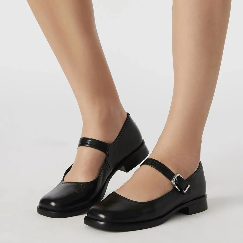 Classic Black Faux Leather Flat Square Toe Buckle Strap Mary Jane Shoes