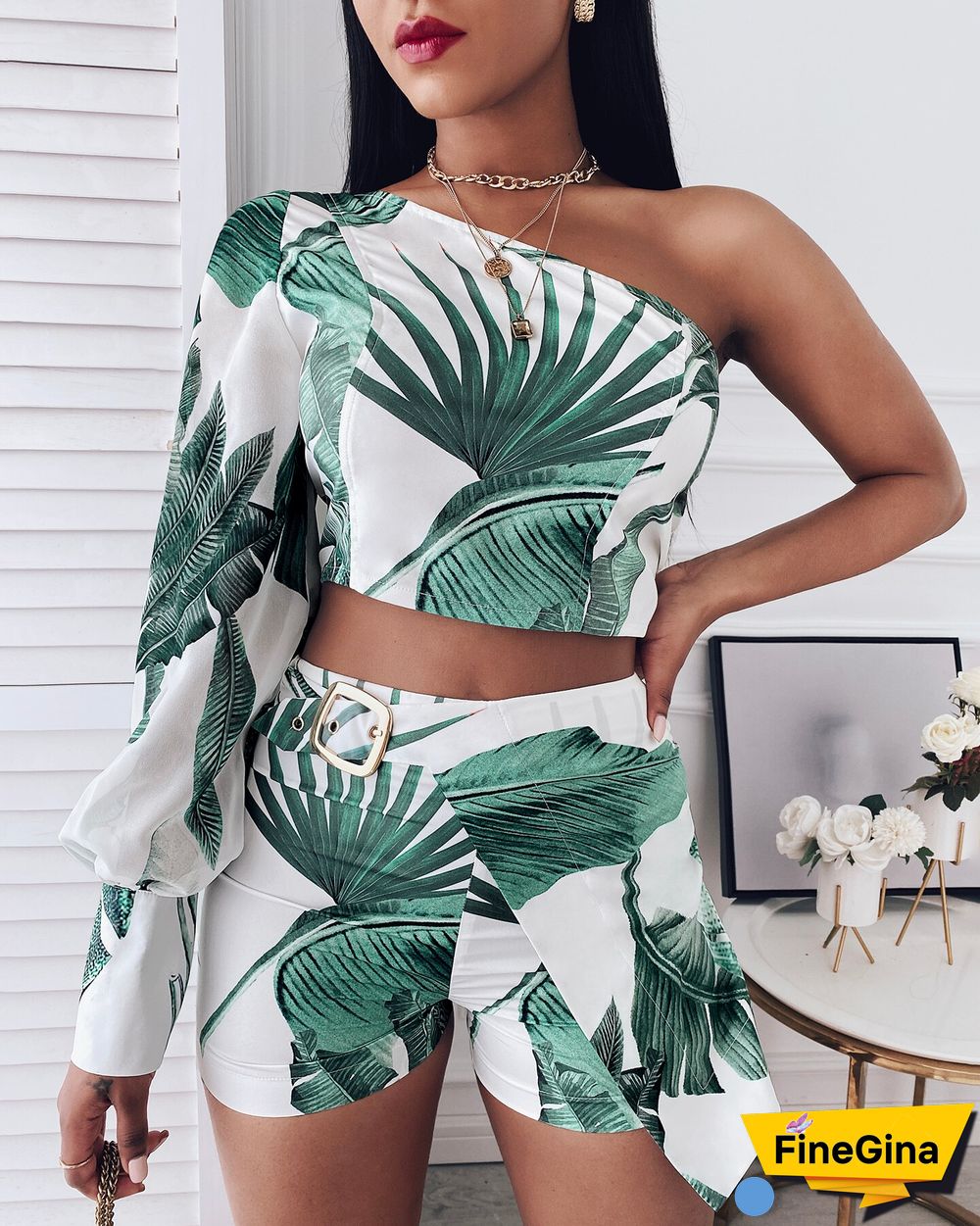 New Women's Summer Tropical Print Long-sleeved Blouse And Skirt Suit, Casual Leaf Design, Asymmetrical Tight-fitting 2-piec