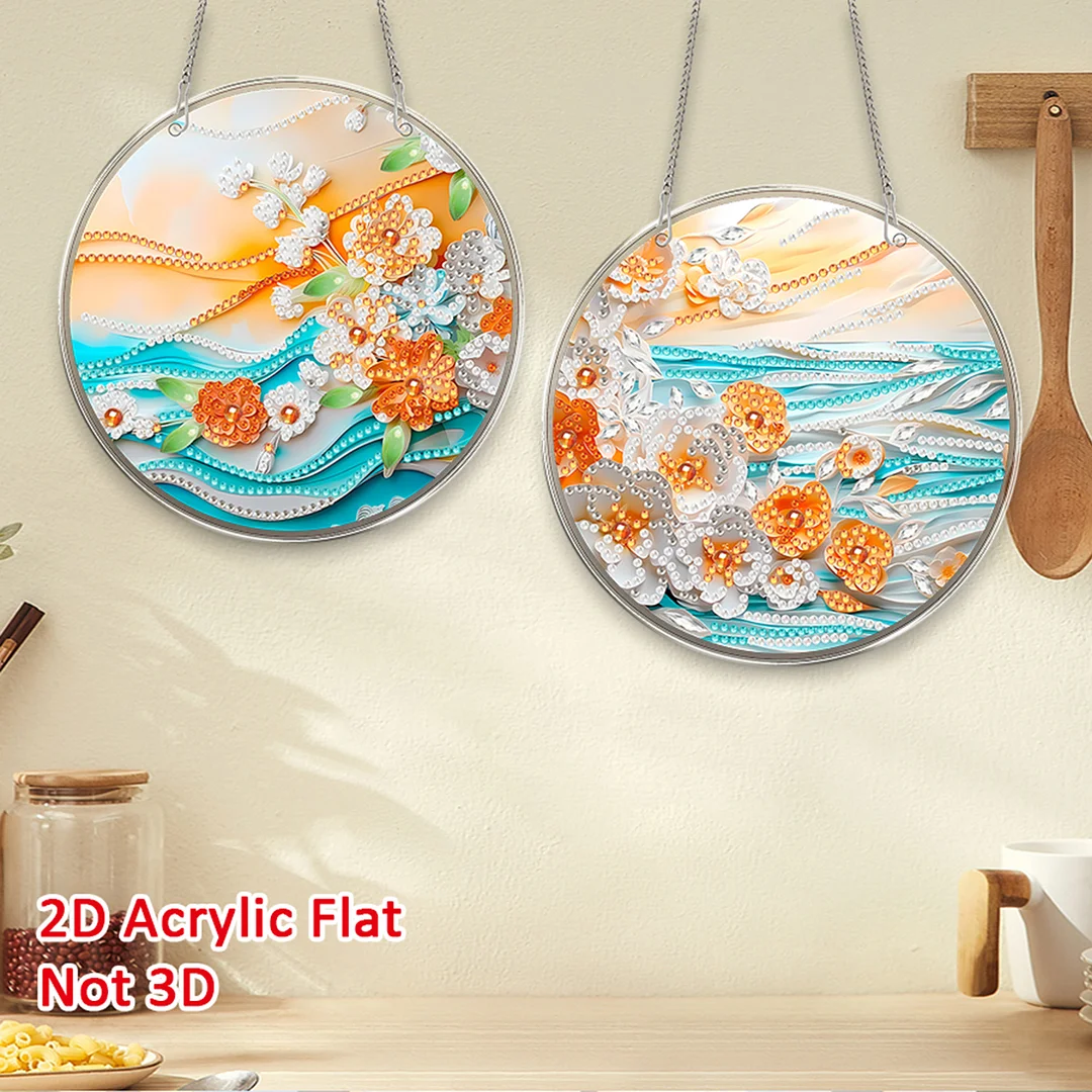4pcs Beach Flowers DIY 2D Flat Acrylic Diamond Painting Kits Diamond Art Pendant