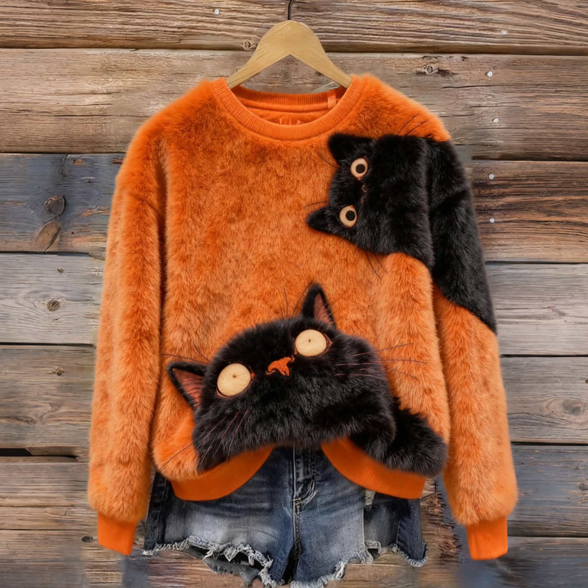 Cute Cat Plush Crew Neck Sweater elevenforest