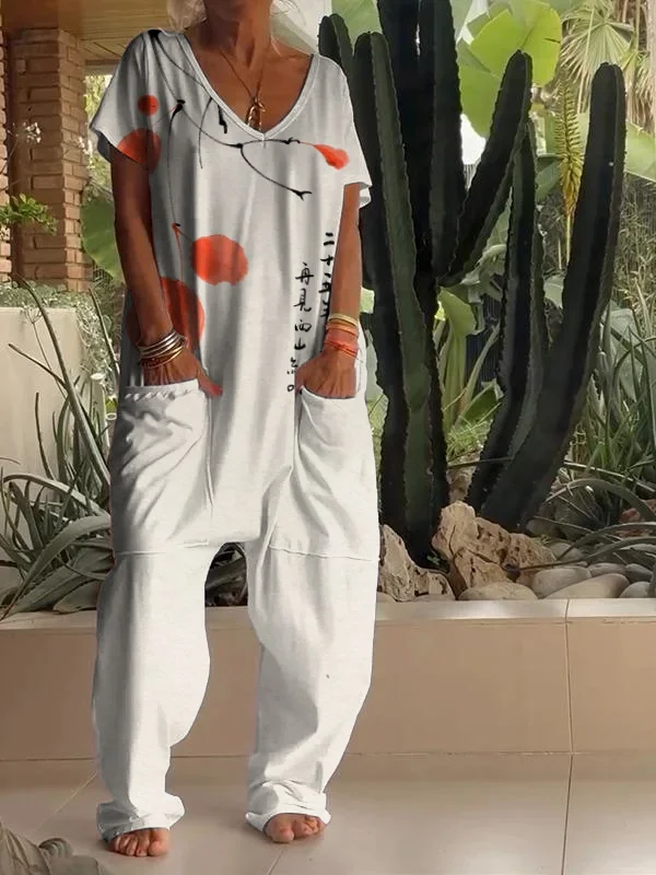 Vintage Art Print V Neck Jumpsuit