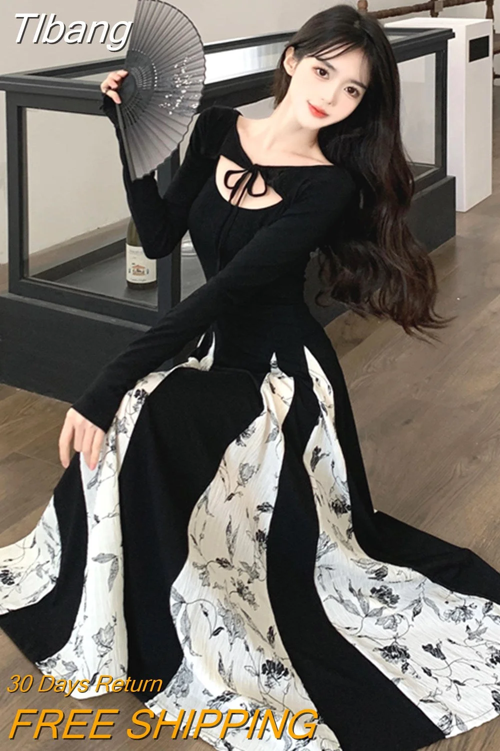 Tlbang Knitted Patchwork Floral Dress Irregular Design Sense Hepburn Wind Sweet Fashion Slim Summer New Black Long Dresses