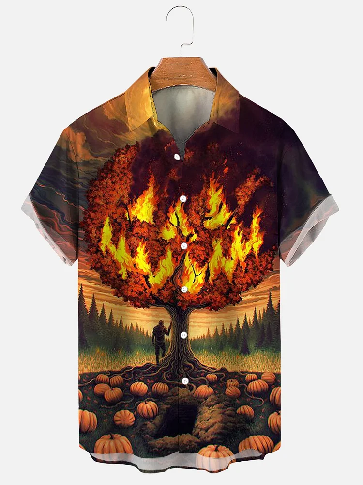 Men's Halloween Fire Art Stylish Graphic Casual Print Shirt