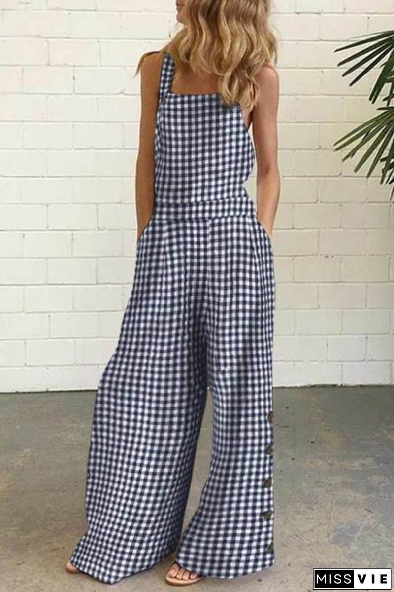 Casual Plaid Buttons Square Collar Straight Jumpsuits