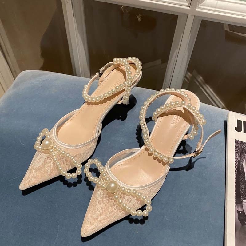 European and American New Mesh Pearl Baotou Thin Heeled Sandals Pointed Bow High Heels Women