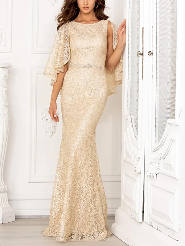 Round Neck Lace Solid Color Maxi Dress