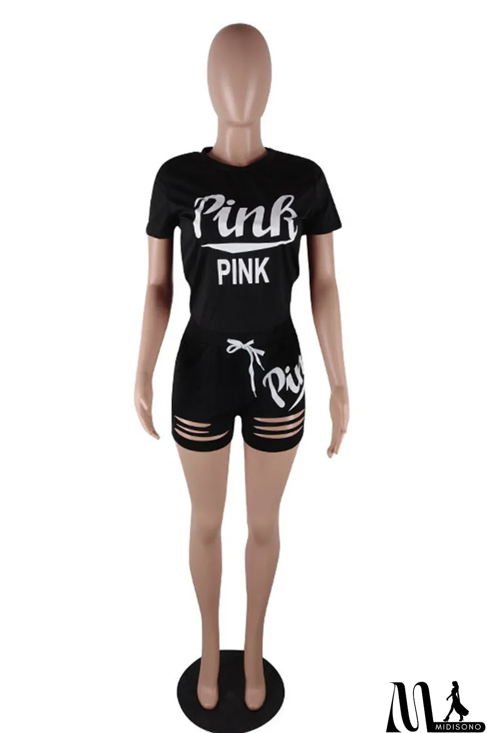 MidiSono - Pink Fashion Casual Letter Print Ripped O Neck Short Sleeve Two Pieces