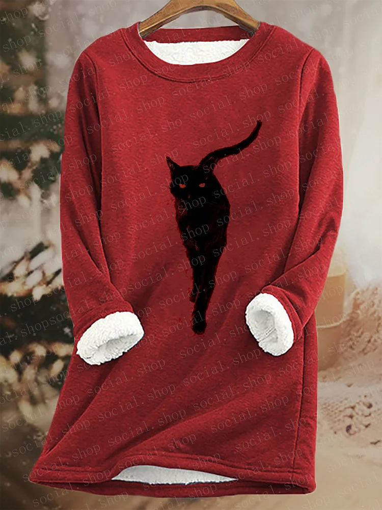 Women's Walking Black Cat Fleece Casual Sweatshirt socialshop