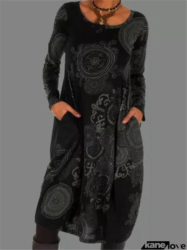 Retro Bohemian Print Loose Pullover Long Sleeve Pocket Dress