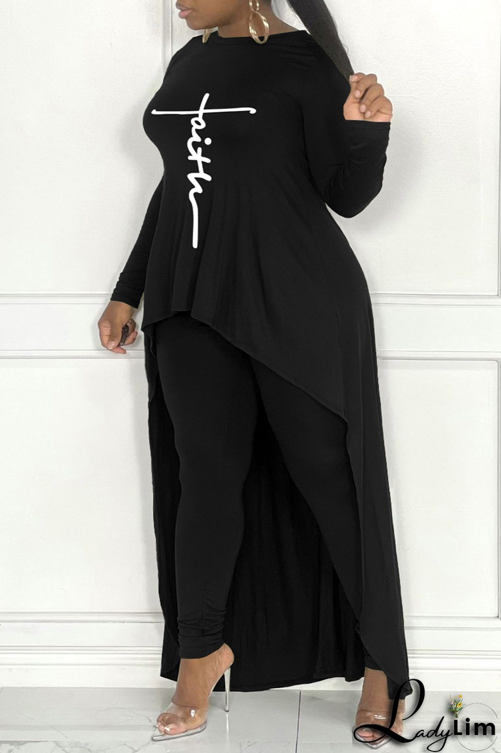 Army Green Fashion Casual Print Asymmetrical O Neck Plus Size Two Pieces