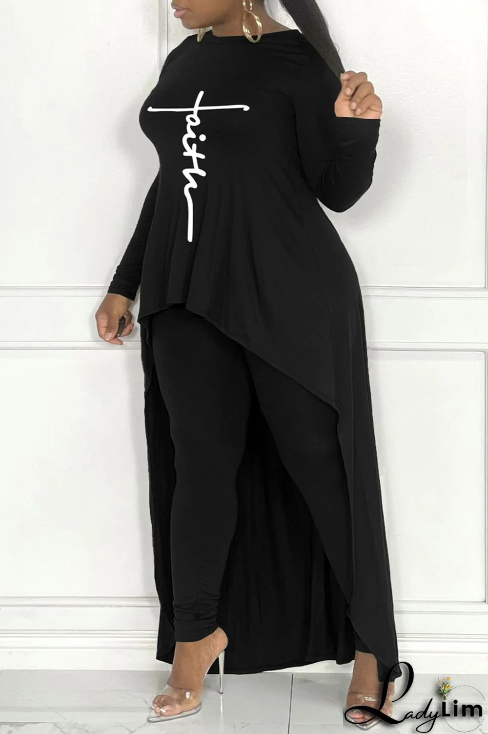 Army Green Fashion Casual Print Asymmetrical O Neck Plus Size Two Pieces