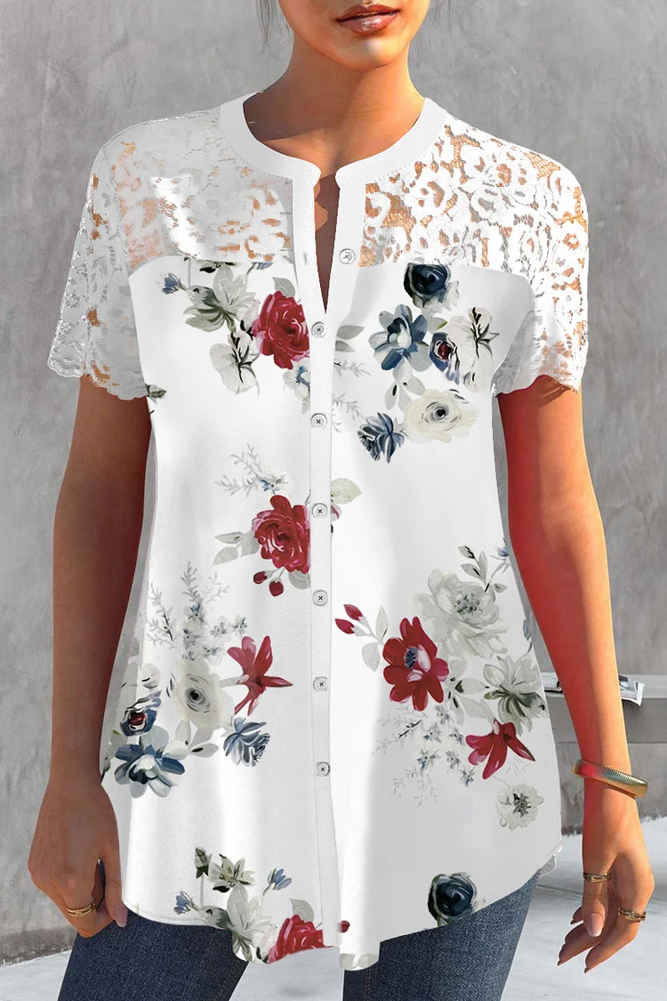 Plus Size Floral Print Lace Stitching Short Sleeve Button Up Blouse