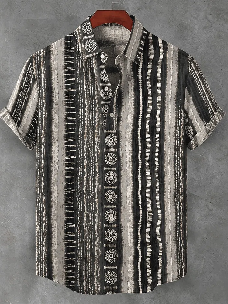 Men's Vintage Geometric Stripe Art Casual Linen Cotton Short Sleeve Shirt
