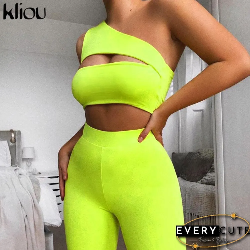 Kliou Classic Women Neon Color Two Pieces Set Off Shoulder Hollow Out Crop Top Elastic