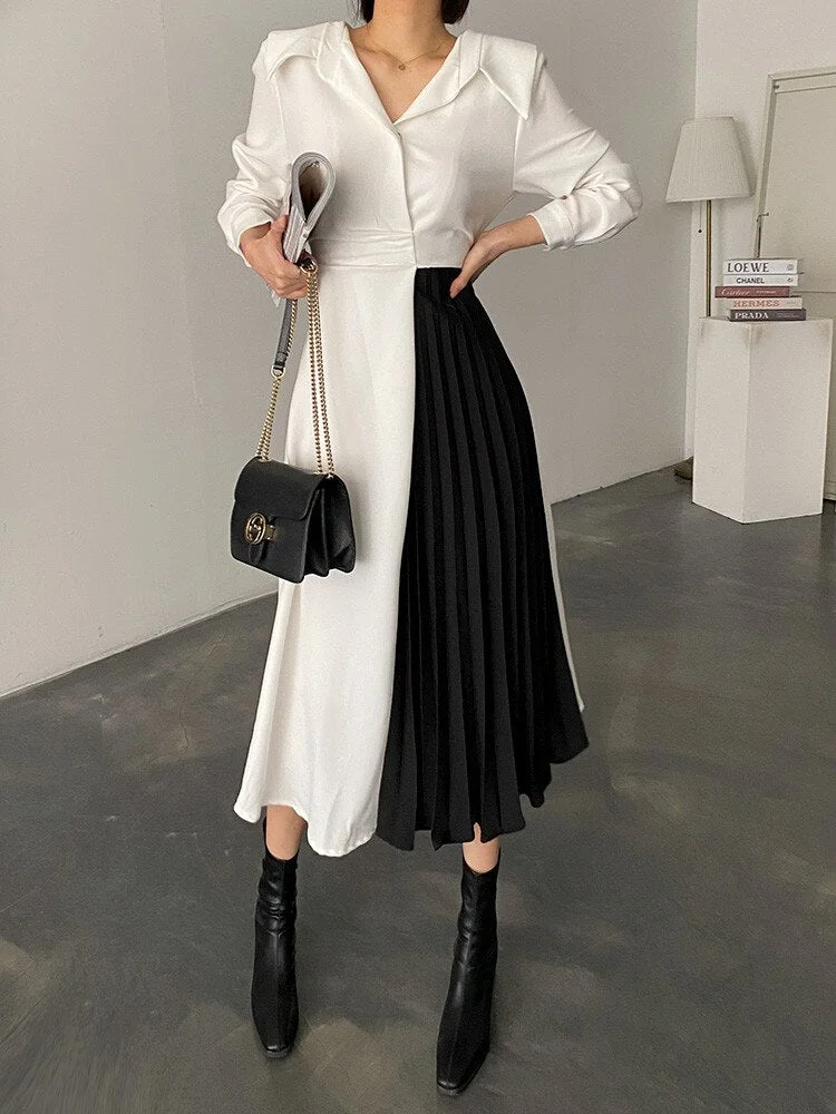 Women Elegant Patchwork A-line Midi Black White Dress OL Pleated Long Sleeve Spring Autumn Vestidos Female Fashion Clothes