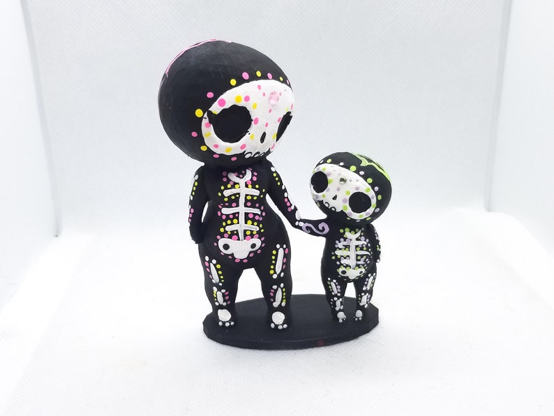 Skeleton Mom and Child Sculpture Figurine Hand Painted 3D image 1