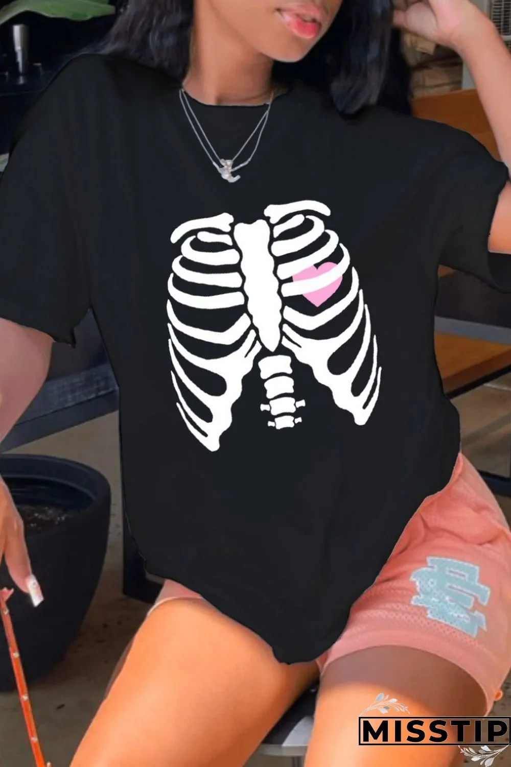 Black Casual Print Basic O Neck T-Shirts