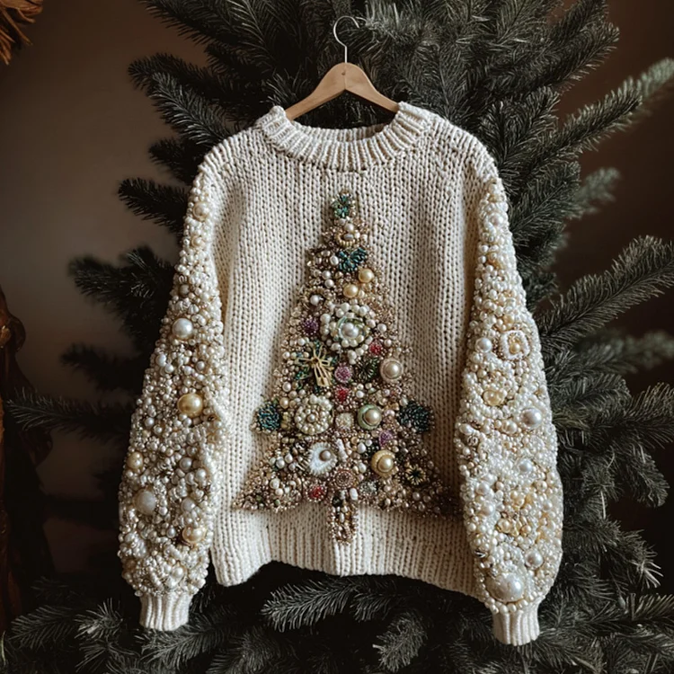 Christmas Tree Embroidered Pearl Crew Neck Sweater