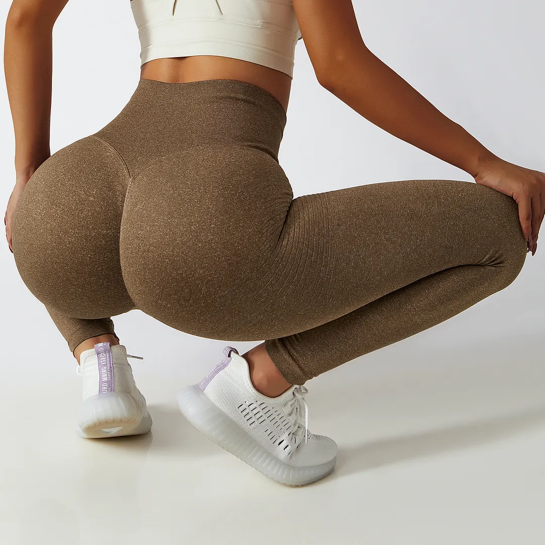 Buy Hergymclothing Brown high waist squat proof comfort peach lifting non see through slimming fit shaping seamless yoga textured pants online