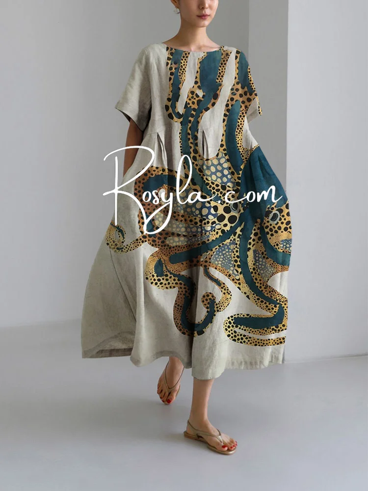 Women's Vintage Octopus Print Loose Round Neck Medium Length Skirt Dress