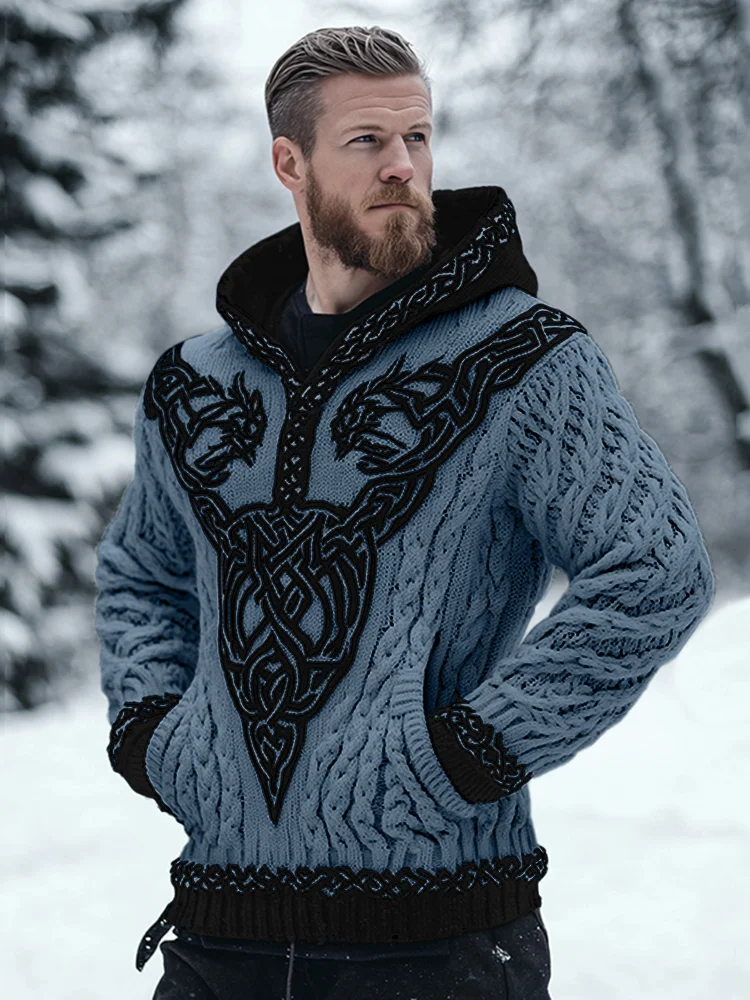 Men's Viking Celtic Contrast Cozy Chunky Hooded Sweater