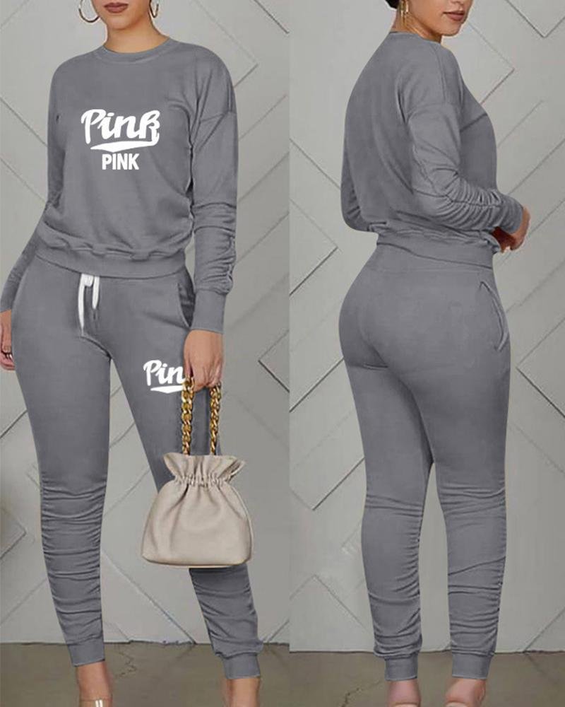 Letter Print Ruched Drawstring Top & Pants Set