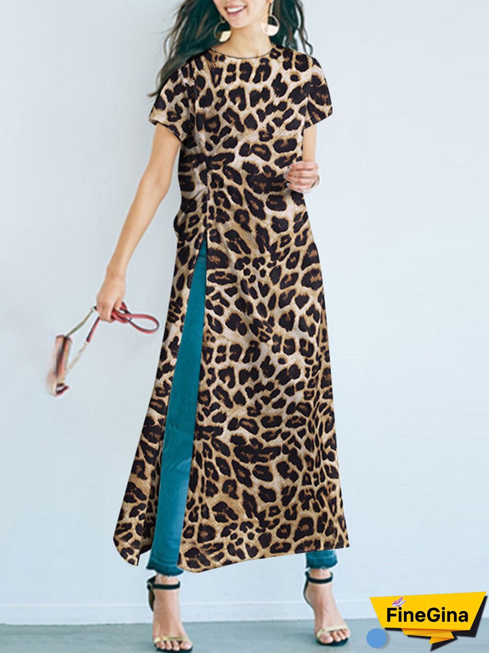 Leopard Split Twist Round Neck Short Sleeve Casual T-Shirt