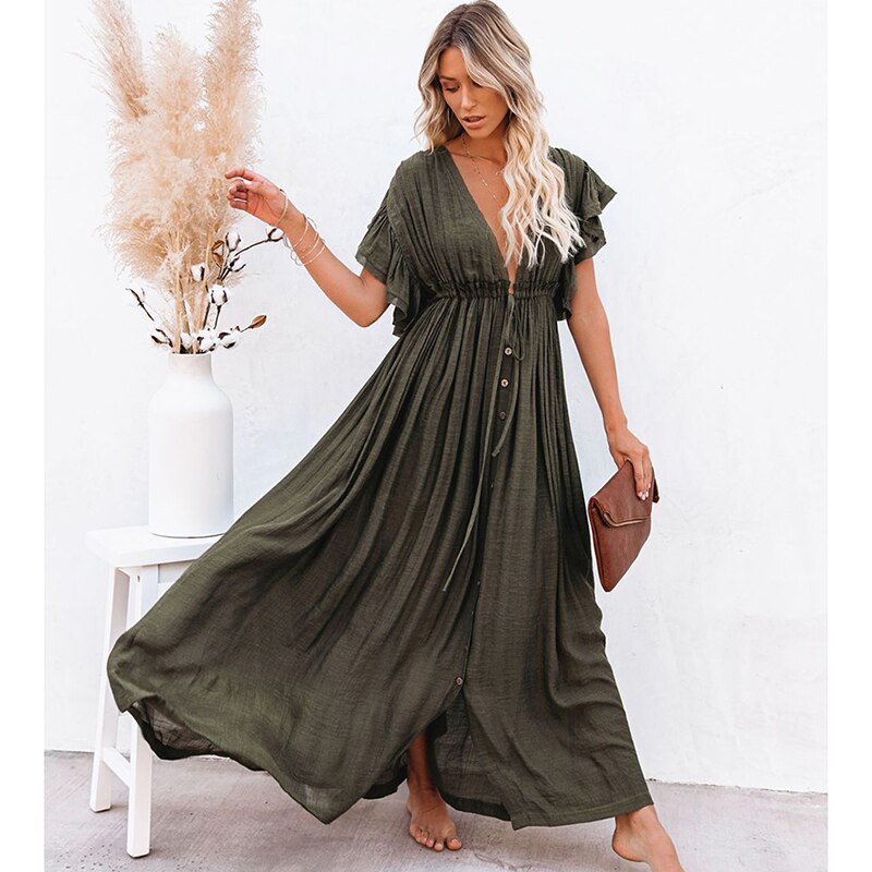 LANFUBEISI   Sexy Boho Dress Beach Cover Up Kaftan Women Long Beachwear Solid V Neck Ladies Holiday Dress Robe Plage Sarong Beach Pareos LANFUBEISI