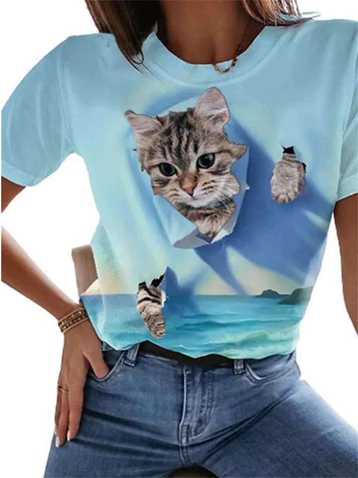 Blue Short-sleeved Summer T-shirt Female Cute Kitten Round Neck Cartoon Cartoon Print Women's Clothing
